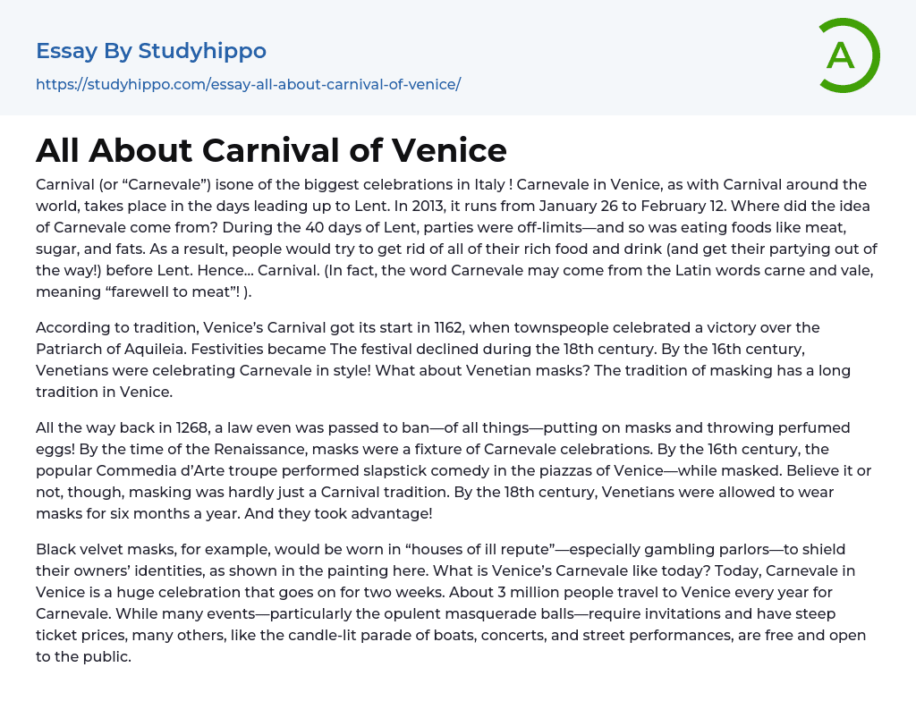 All About Carnival of Venice Essay Example