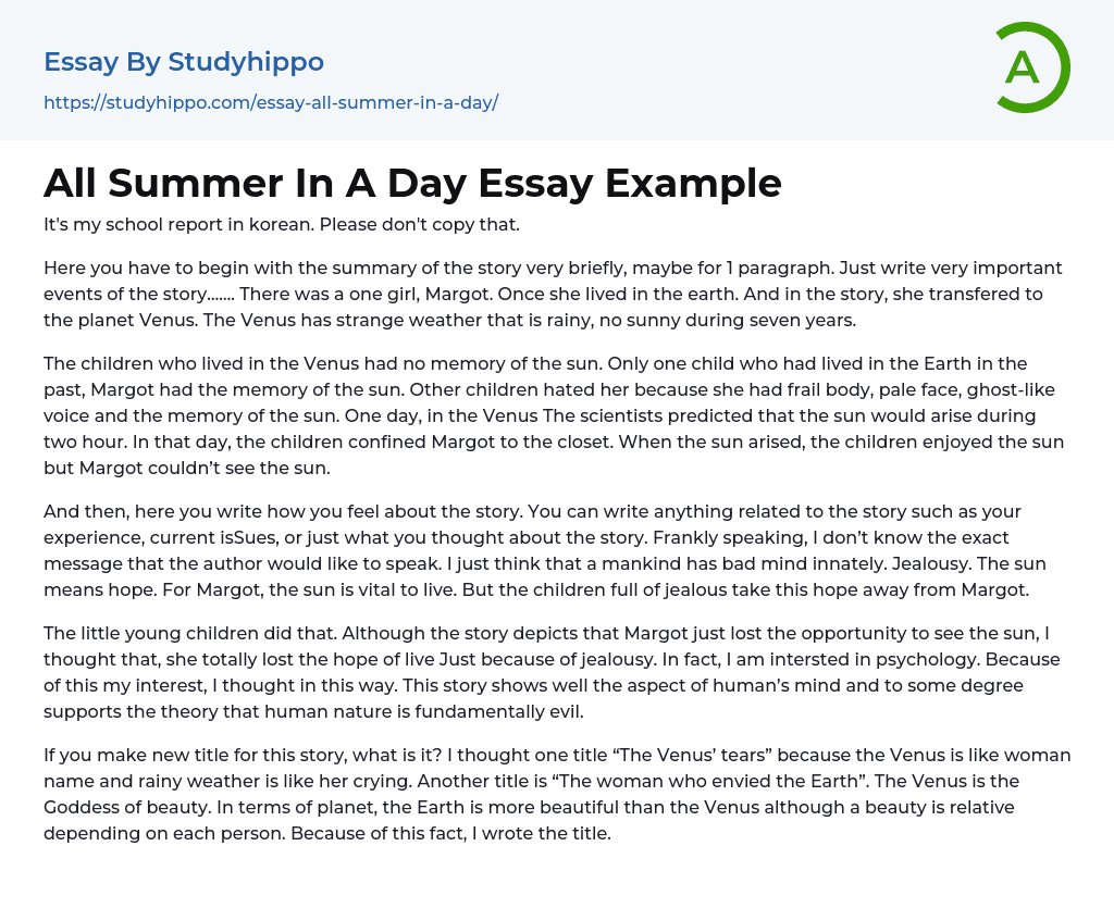 All Summer In A Day Essay Example