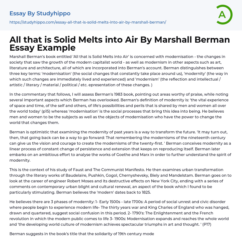 All that is Solid Melts into Air By Marshall Berman Essay Example