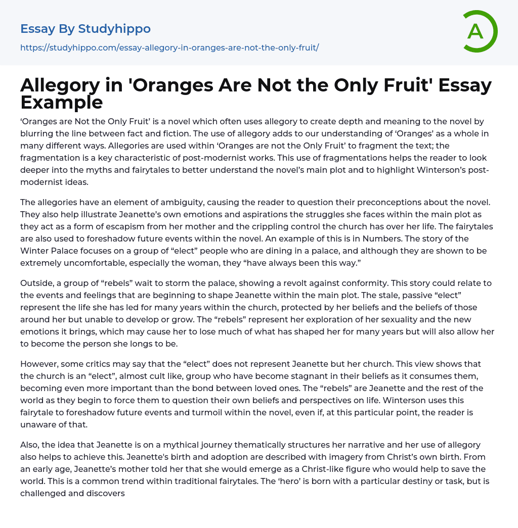Allegory in ‘Oranges Are Not the Only Fruit’ Essay Example
