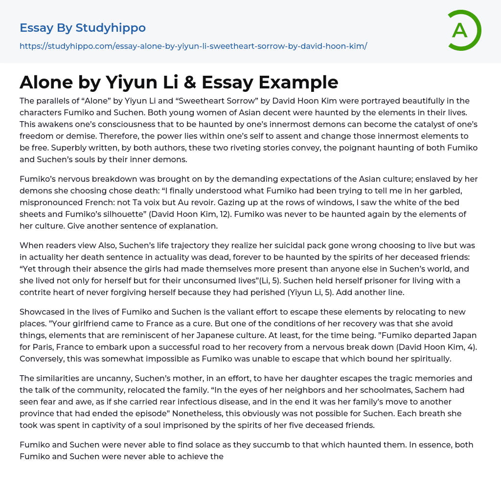 Alone by Yiyun Li &amp Essay Example