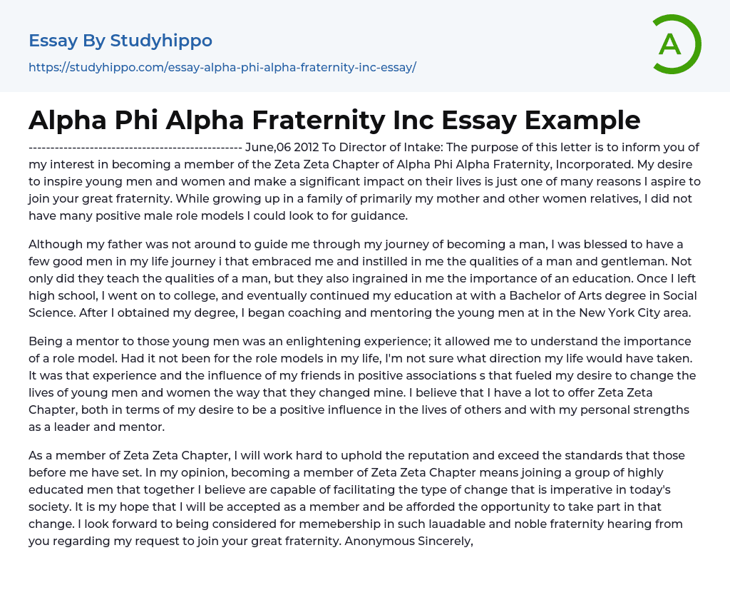 Why do I want to become a member of Zeta Zeta Chapter of Alpha Phi Alpha Fraternity? Essay Example