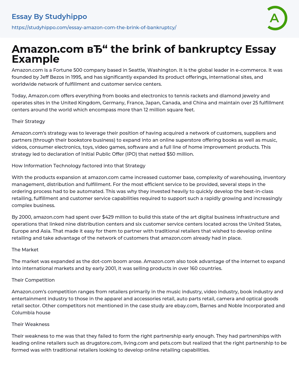 Amazon.com the brink of bankruptcy Essay Example