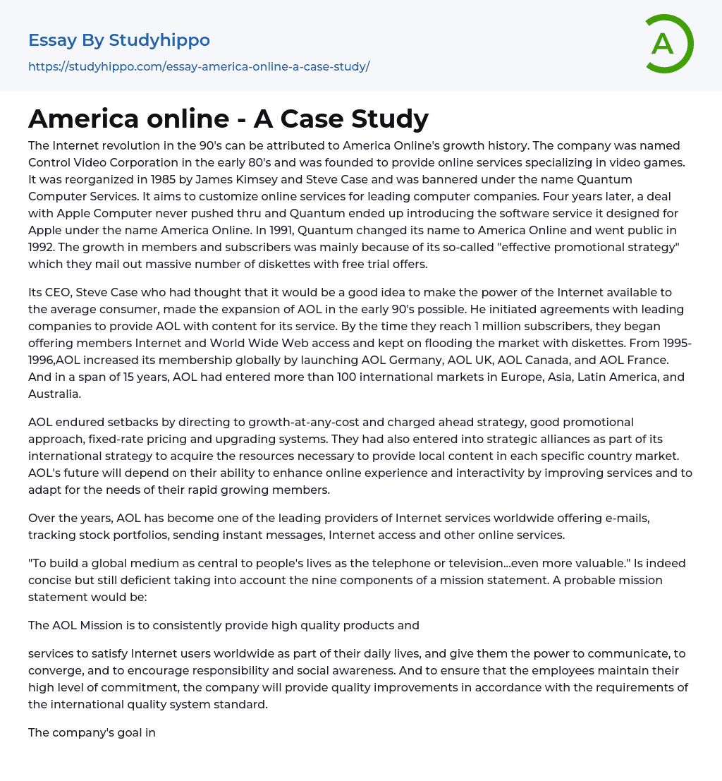 America online – A Case Study Essay Example