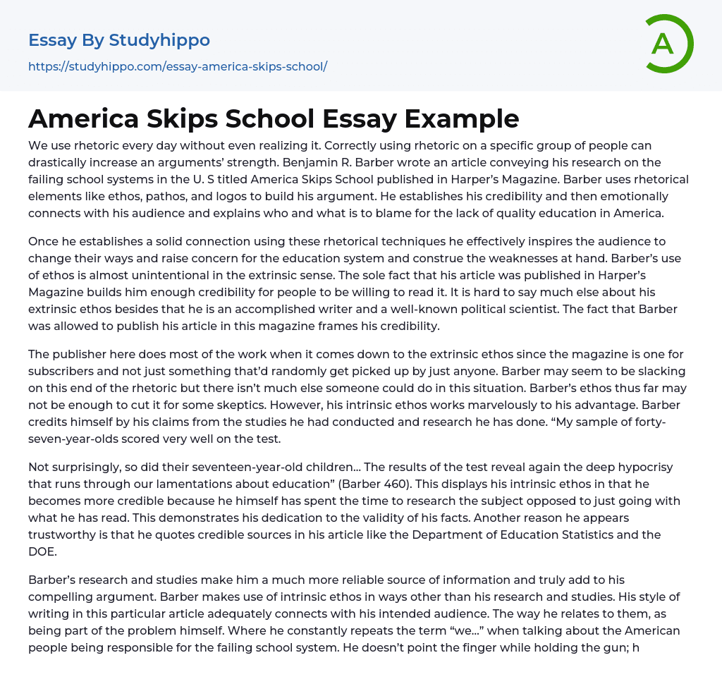 America Skips School Essay Example