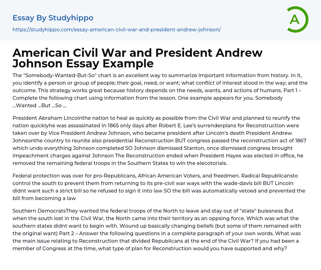 American Civil War and President Andrew Johnson Essay Example