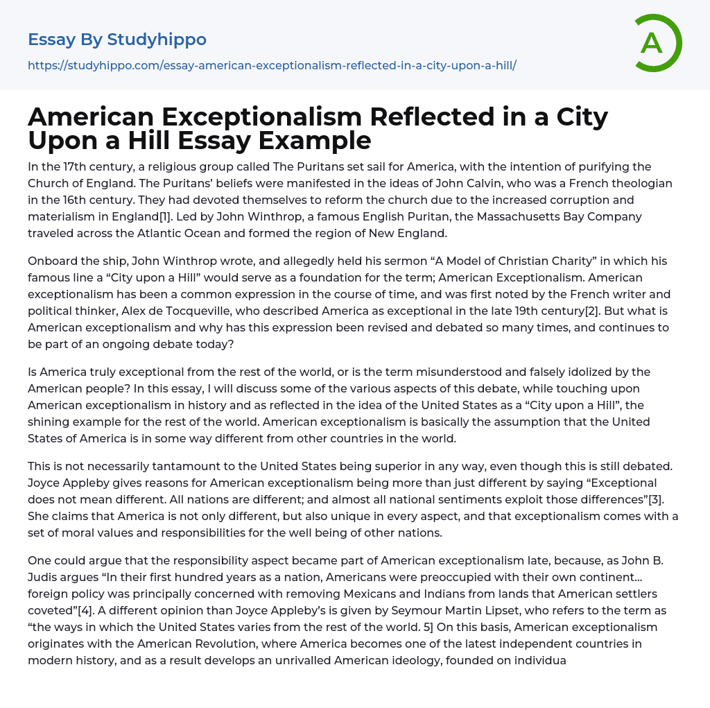 American Exceptionalism Reflected in a City Upon a Hill Essay Example