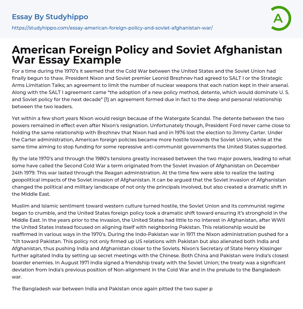 American Foreign Policy and Soviet Afghanistan War Essay Example