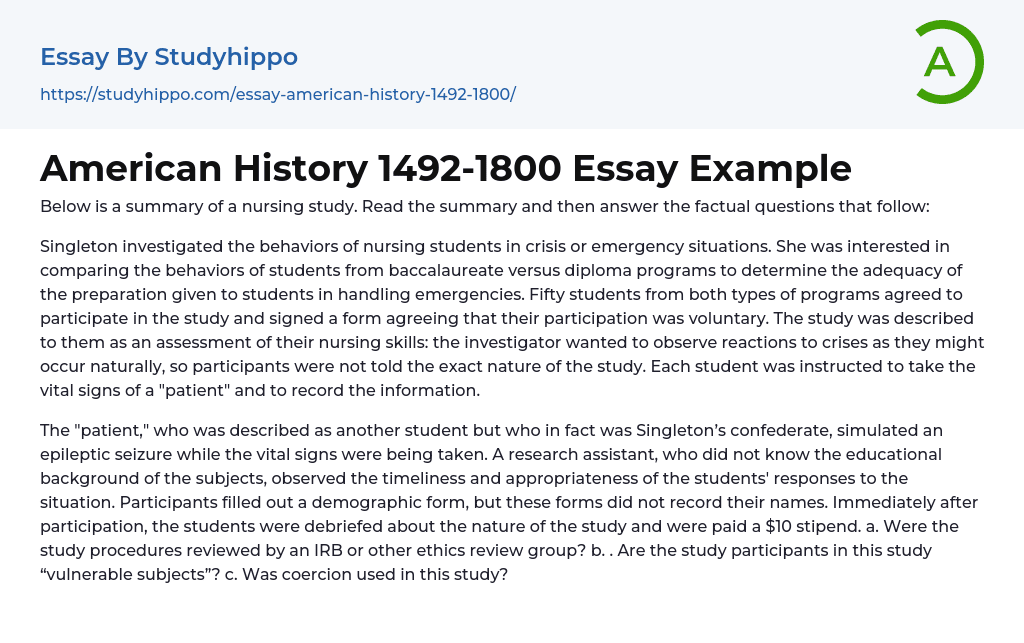 American History 1492-1800 Essay Example