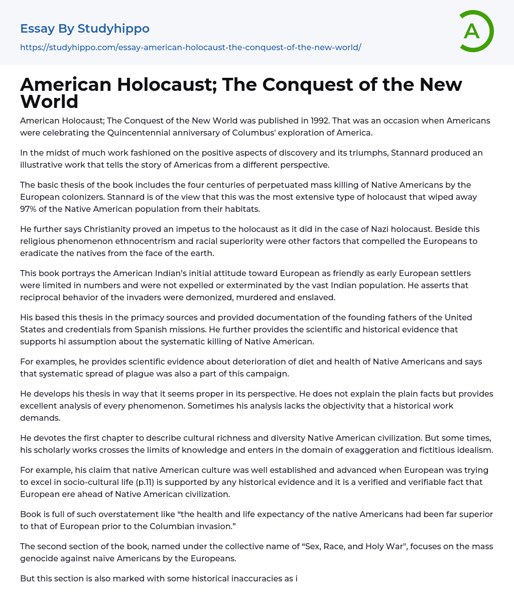 American Holocaust; The Conquest of the New World Essay Example