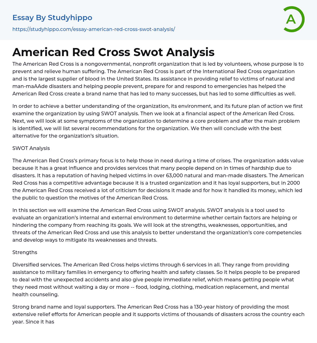 American Red Cross Swot Analysis Essay Example