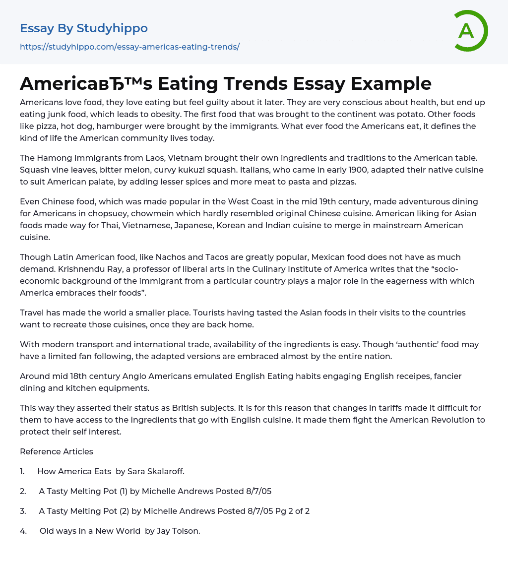 America’s Eating Trends Essay Example