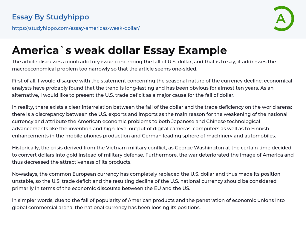 America`s weak dollar Essay Example