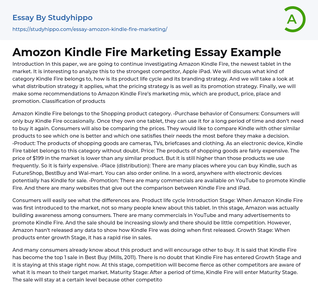 Amozon Kindle Fire Marketing Essay Example