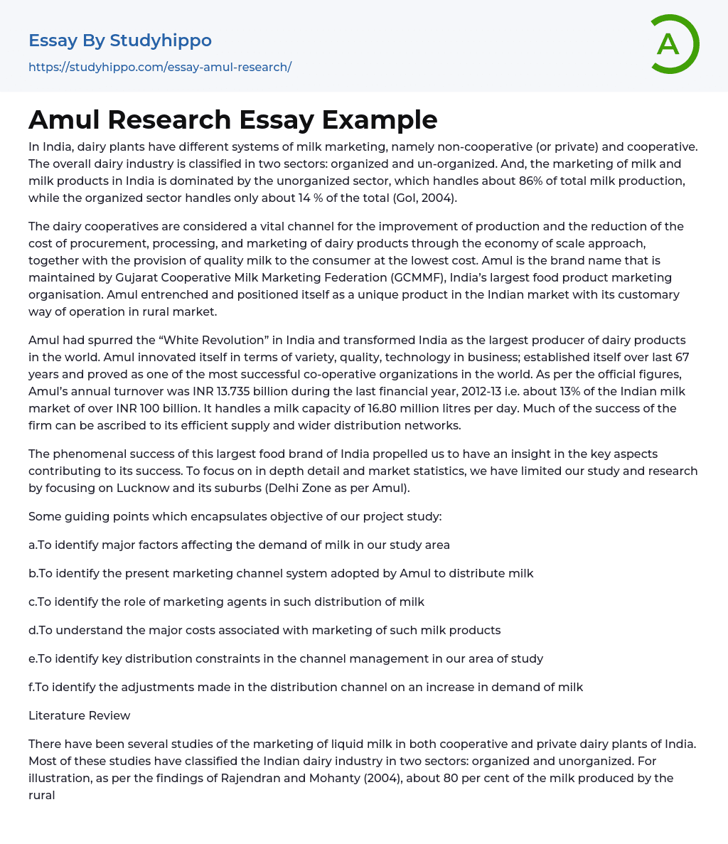 Amul Research Essay Example