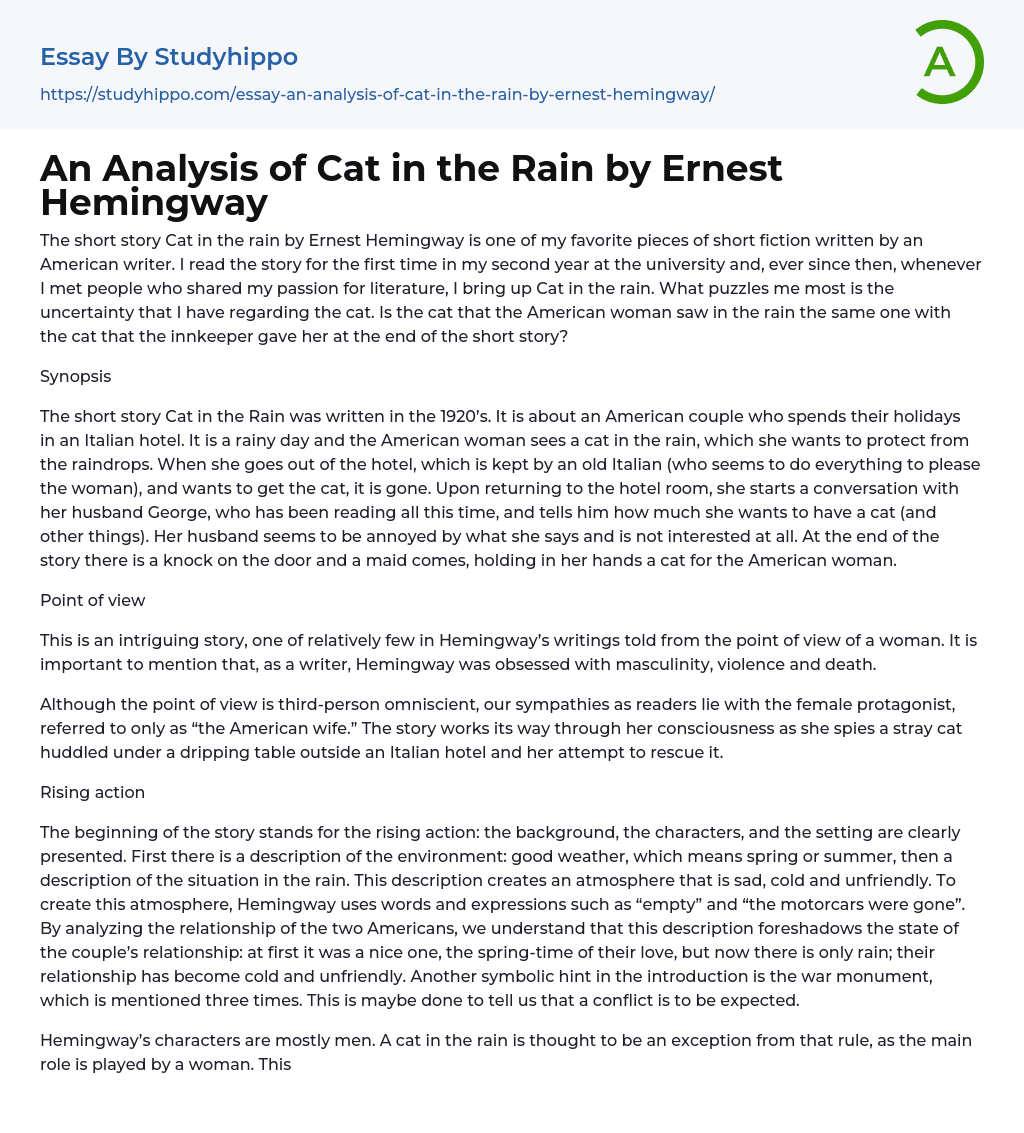 An Analysis of Cat in the Rain by Ernest Hemingway Essay Example