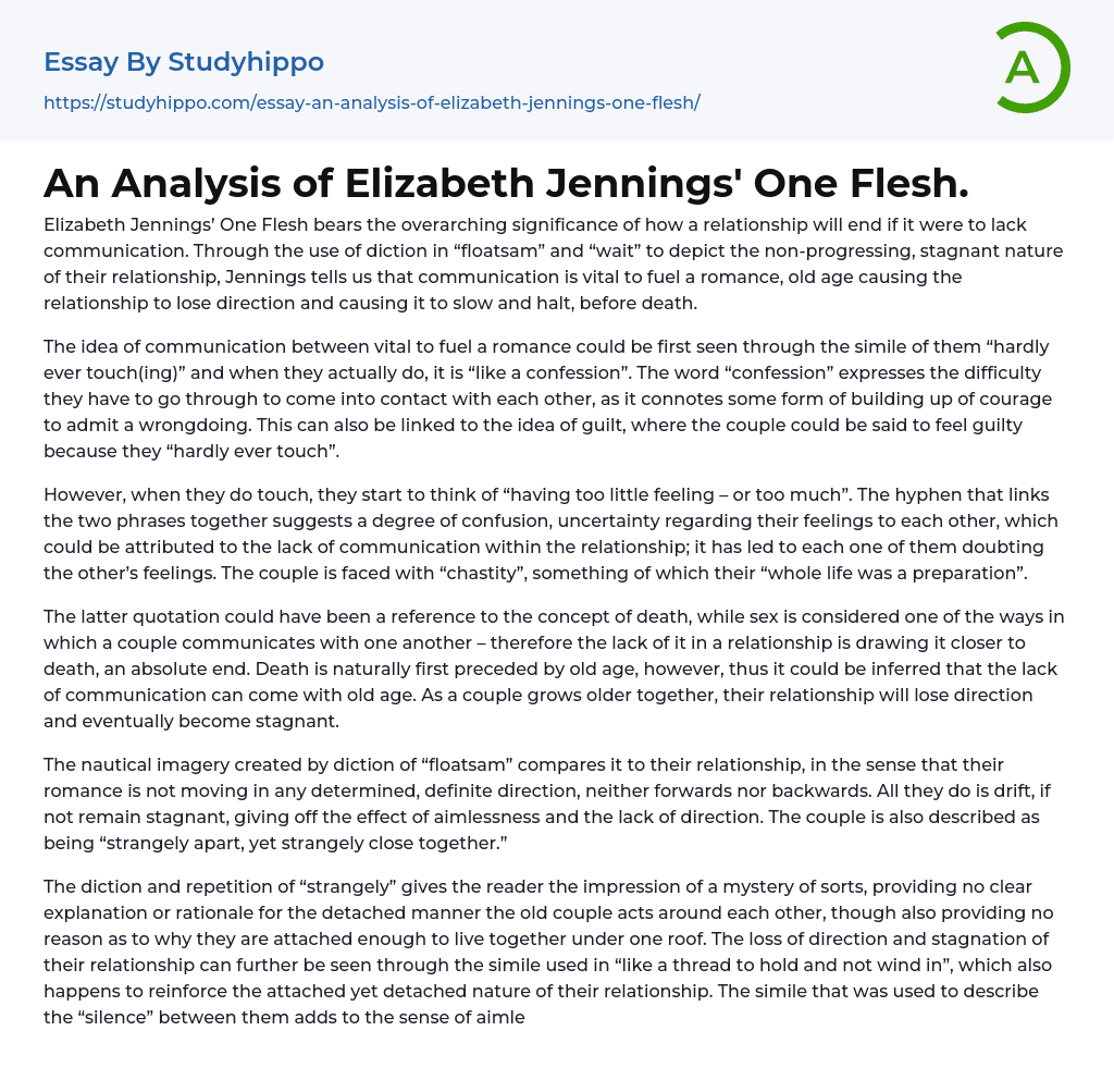 An Analysis of Elizabeth Jennings’ One Flesh. Essay Example