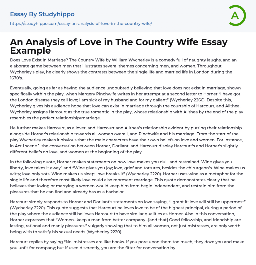 An Analysis of Love in The Country Wife Essay Example