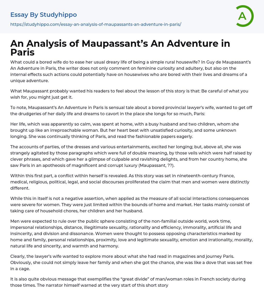 An Analysis of Maupassant’s An Adventure in Paris Essay Example