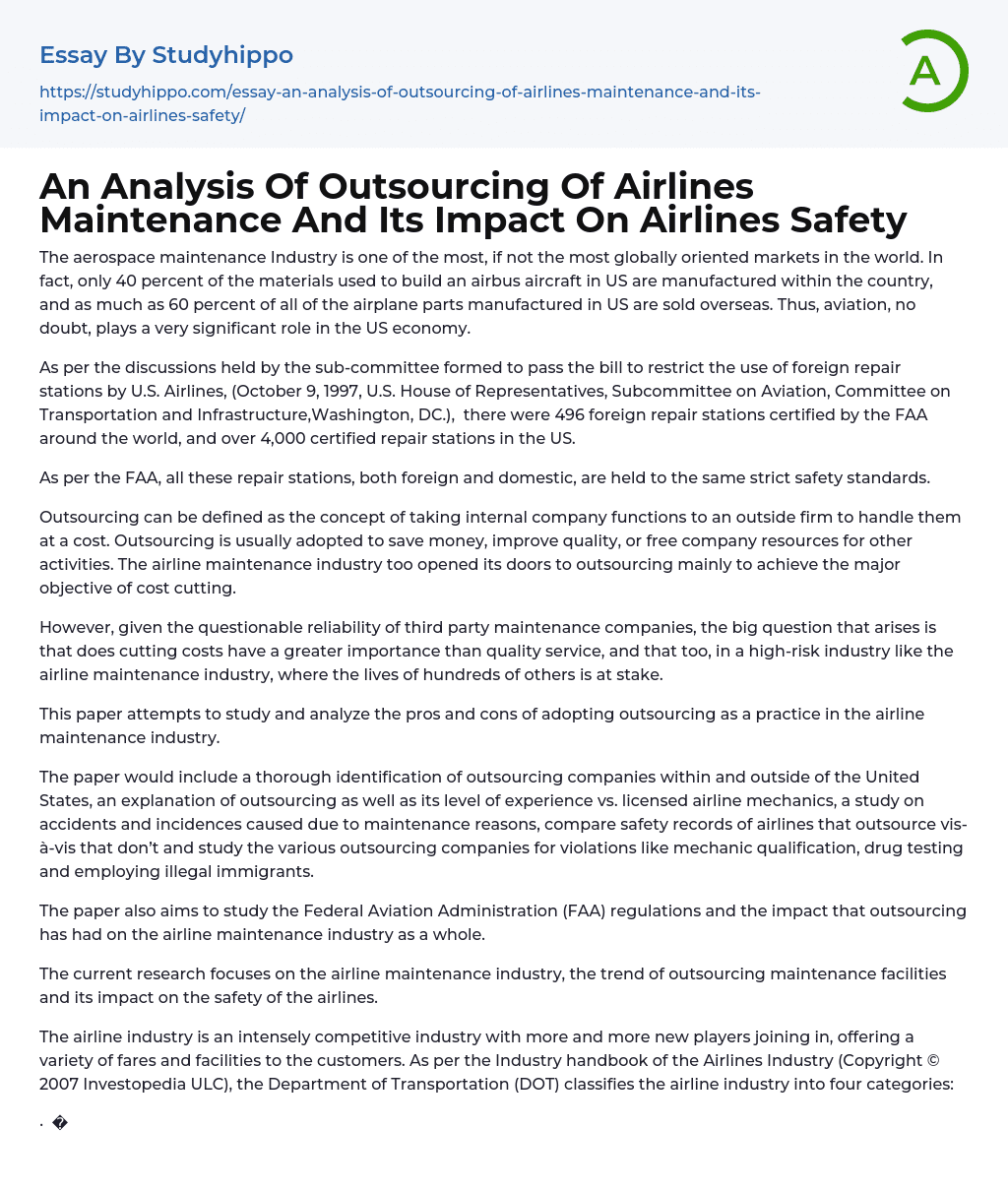 An Analysis Of Outsourcing Of Airlines Maintenance And Its Impact On Airlines Safety Essay Example