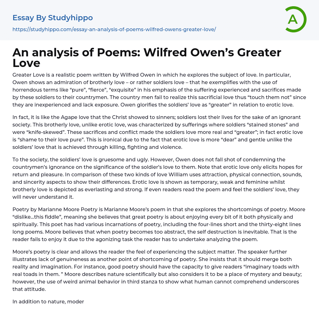 An analysis of Poems: Wilfred Owen’s Greater Love Essay Example