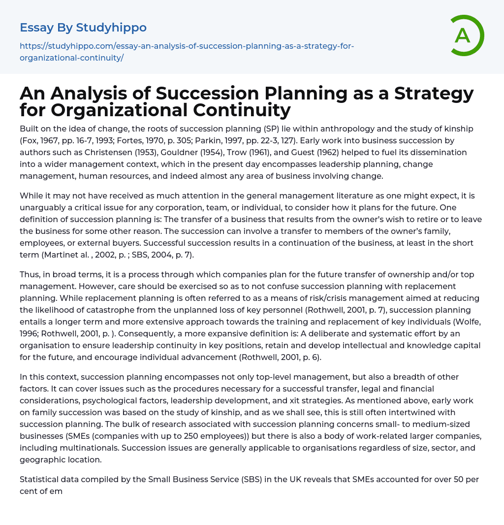 An Analysis of Succession Planning as a Strategy for Organizational Continuity Essay Example