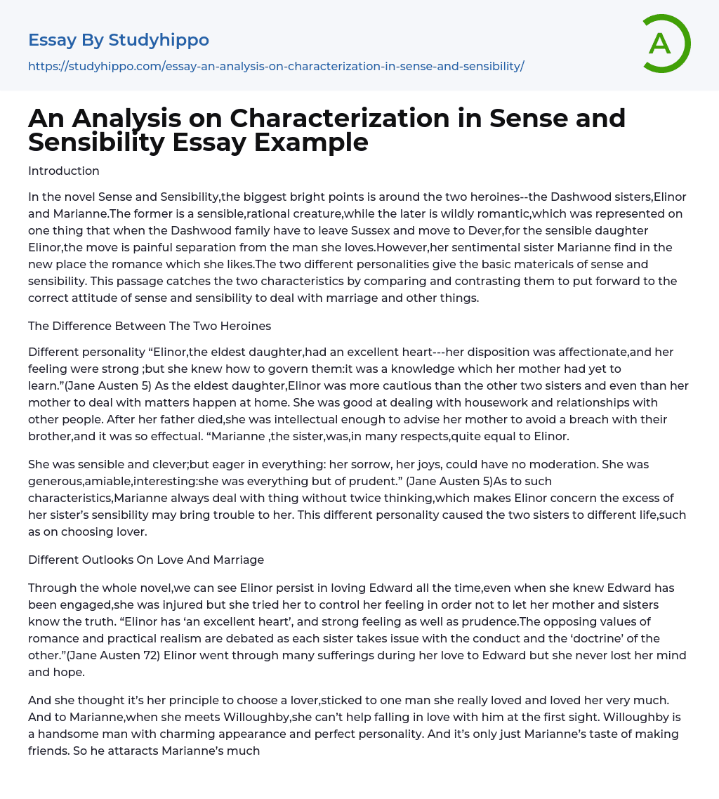 An Analysis on Characterization in Sense and Sensibility Essay Example