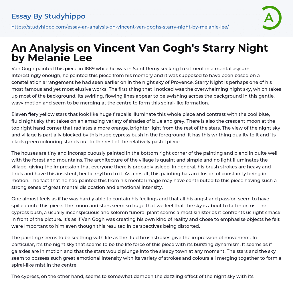 An Analysis on Vincent Van Gogh’s Starry Night by Melanie Lee Essay Example