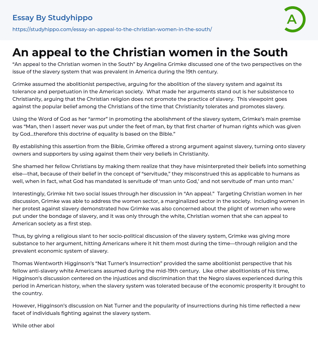 An appeal to the Christian women in the South Essay Example