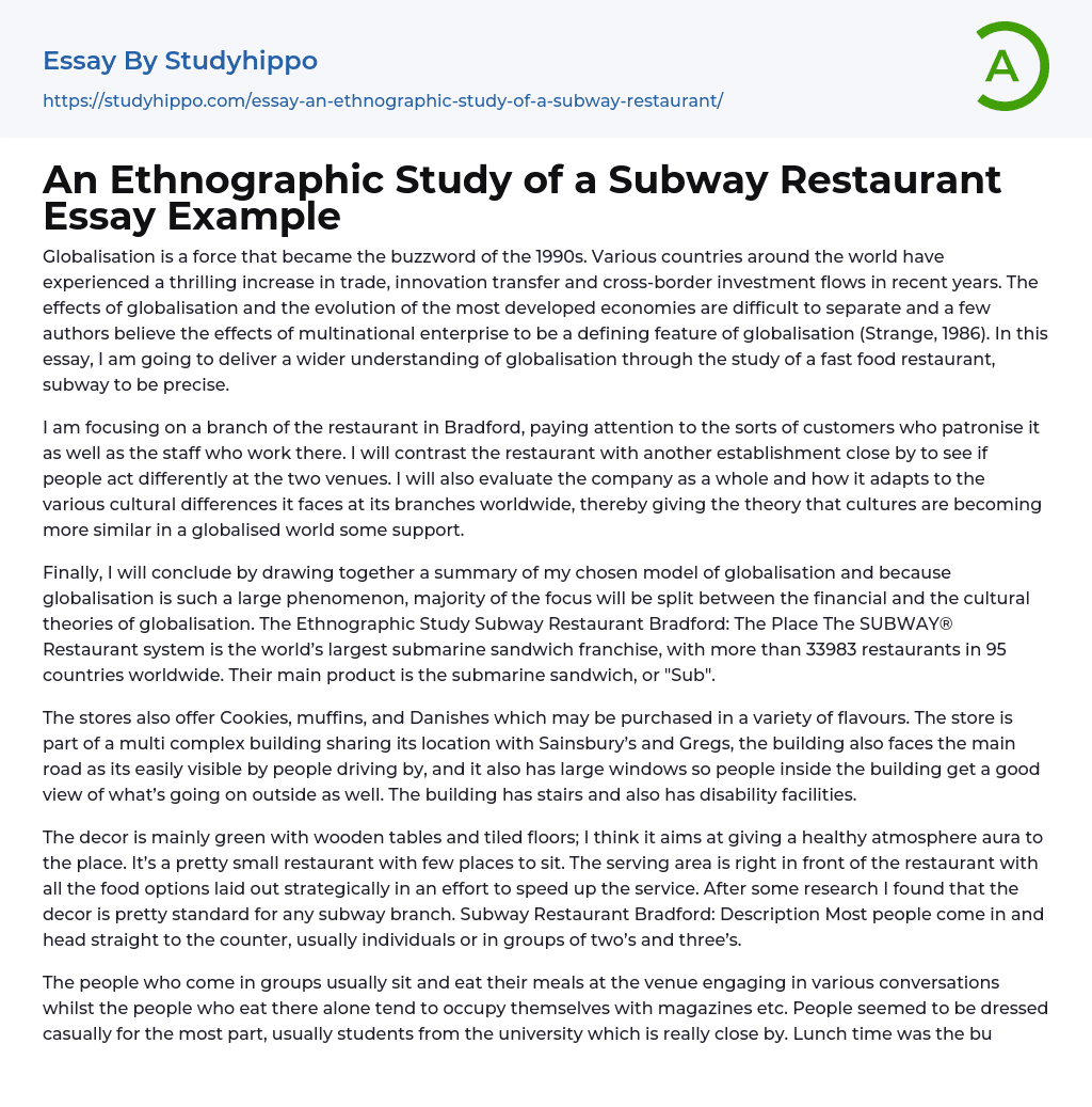 An Ethnographic Study of a Subway Restaurant Essay Example