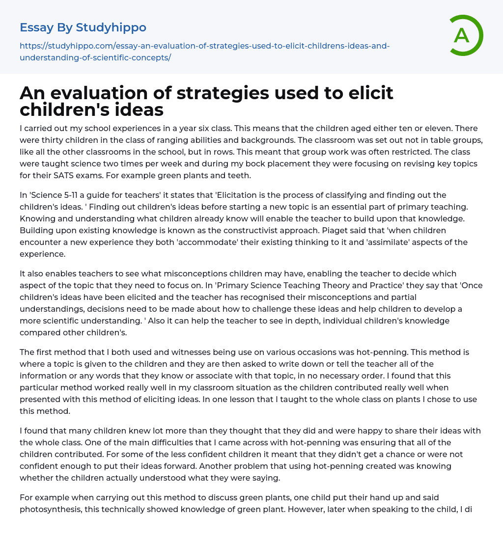 An evaluation of strategies used to elicit children’s ideas Essay Example