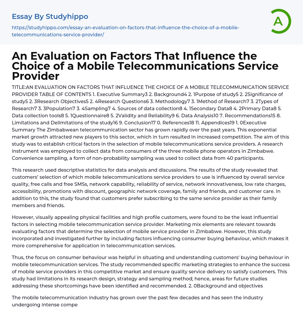 Influence of Service Quality on Mobile Telecommunications Service Providers Selection