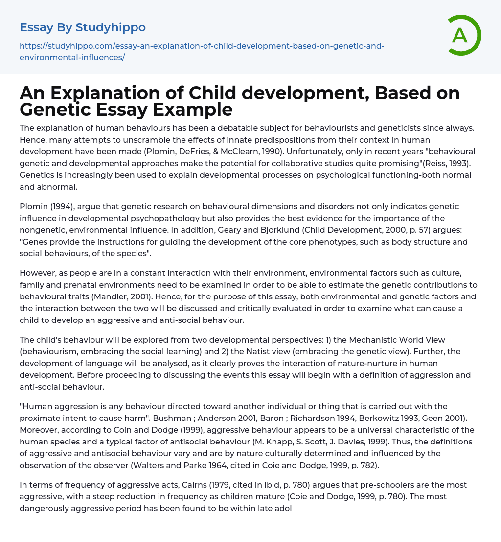 An Explanation of Child development, Based on Genetic Essay Example