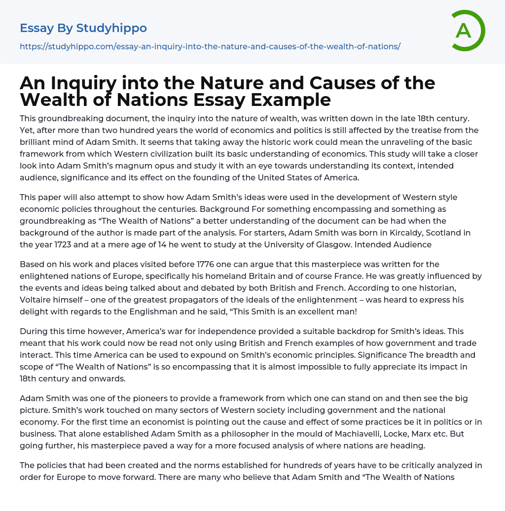 An Inquiry into the Nature and Causes of the Wealth of Nations Essay Example
