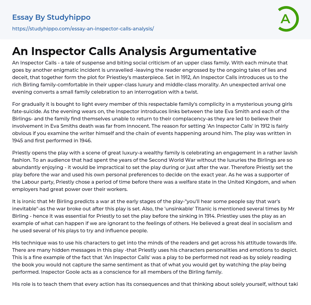 An Inspector Calls Analysis Argumentative Essay Example