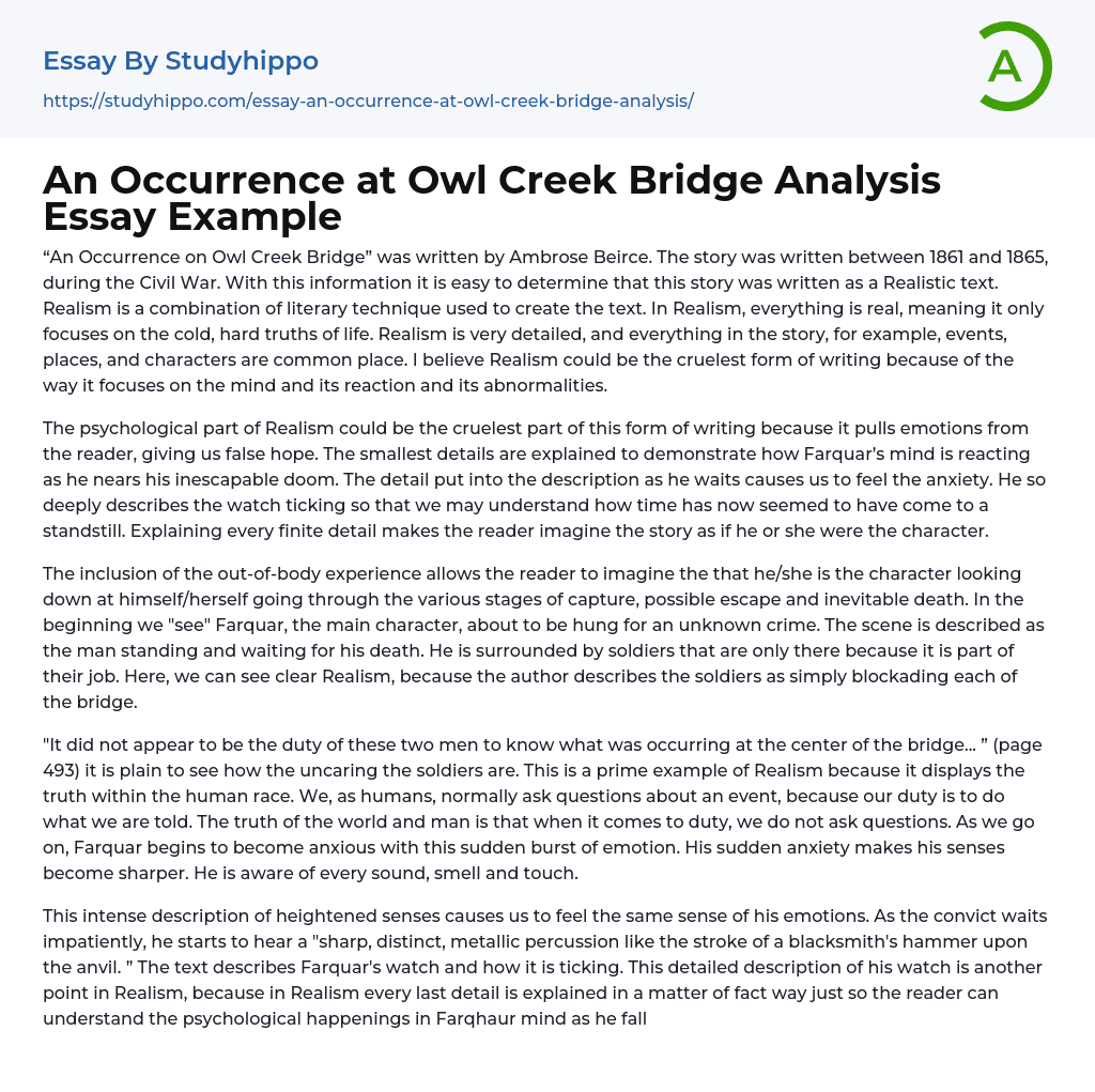 An Occurrence at Owl Creek Bridge Analysis Essay Example
