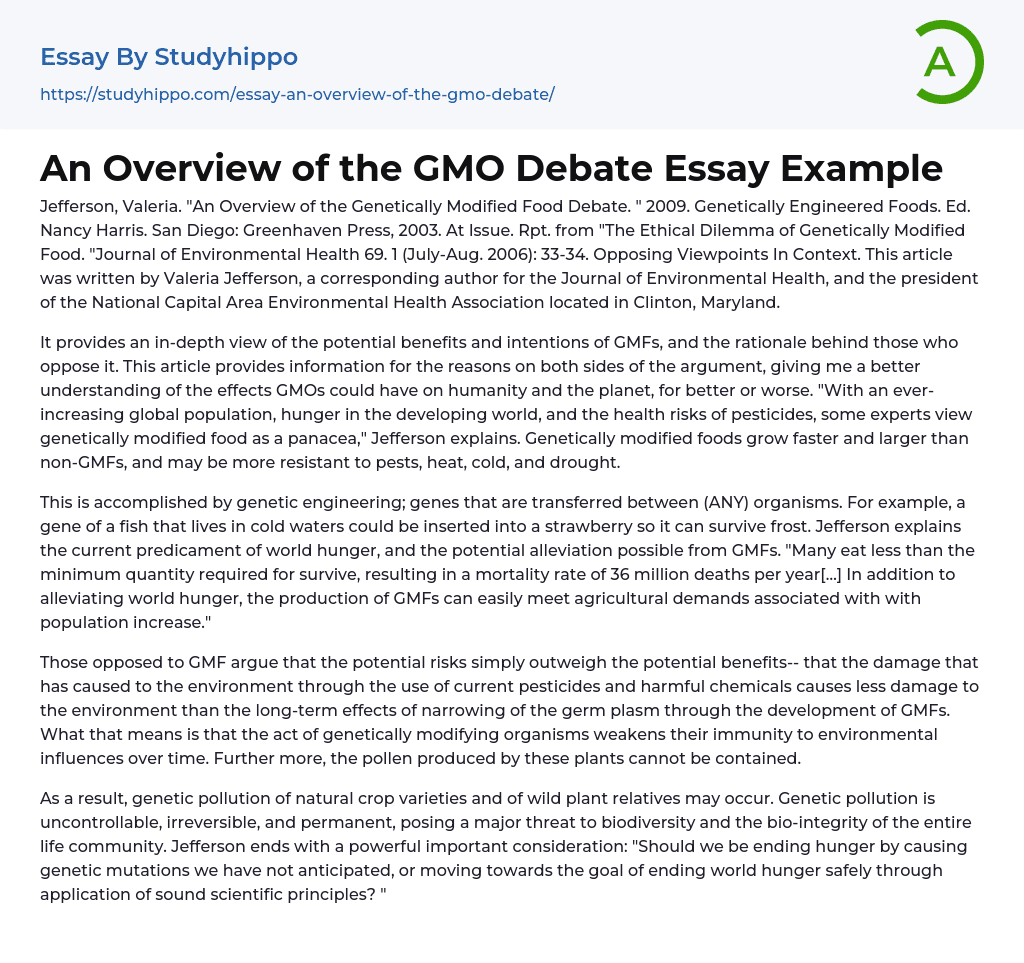 An Overview of the GMO Debate Essay Example