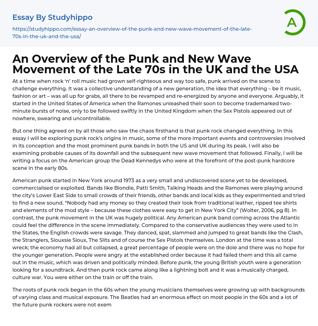 An Overview of the Punk and New Wave Movement of the Late 70s in the UK and the USA Essay Example