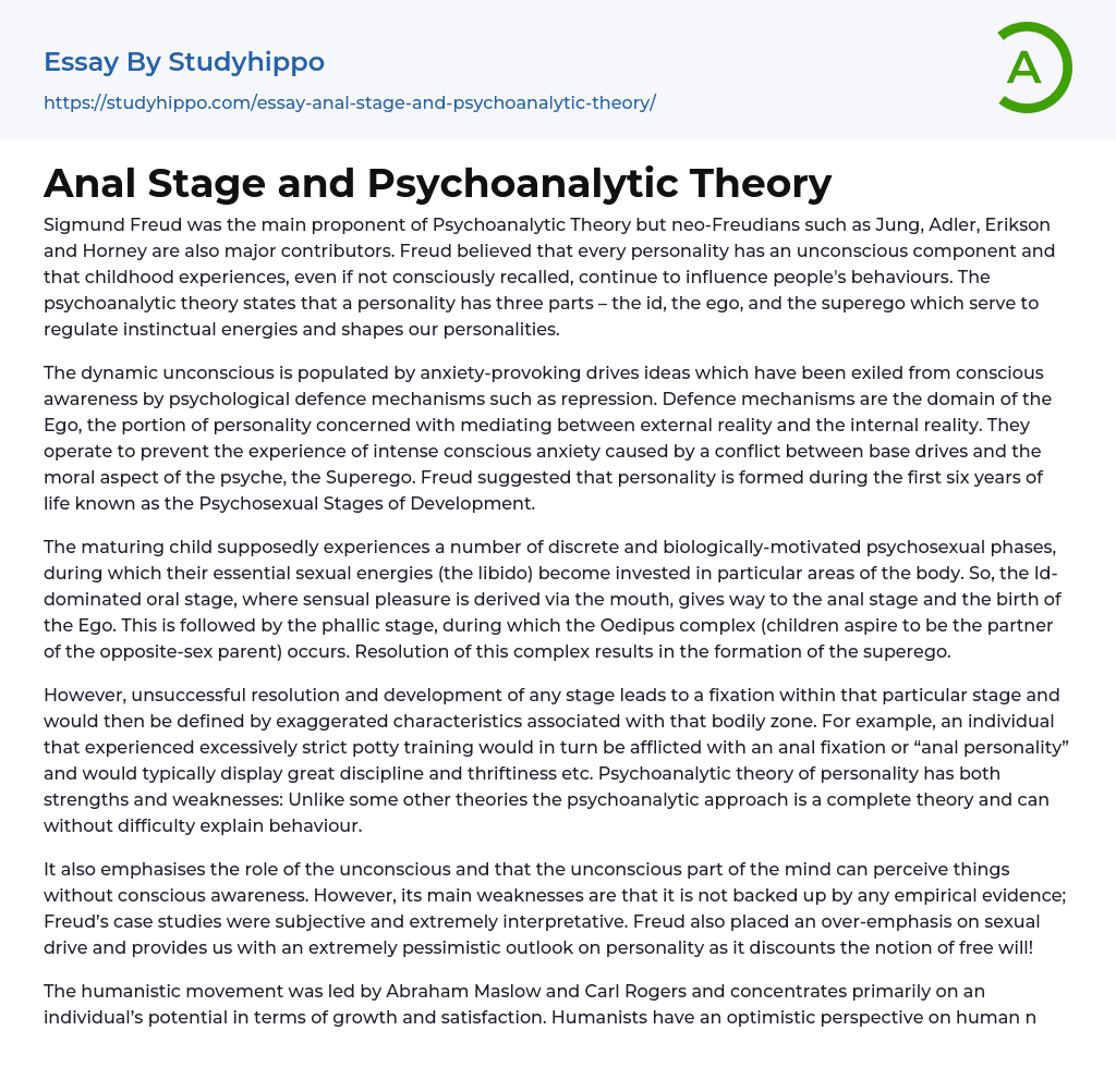 Anal Stage and Psychoanalytic Theory Essay Example