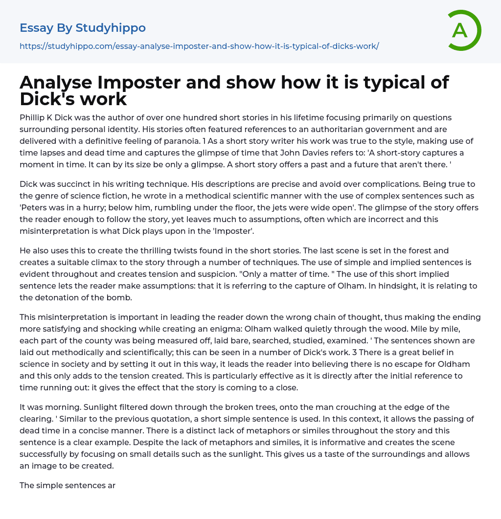 Analyse Imposter and show how it is typical of Dick’s work Essay Example
