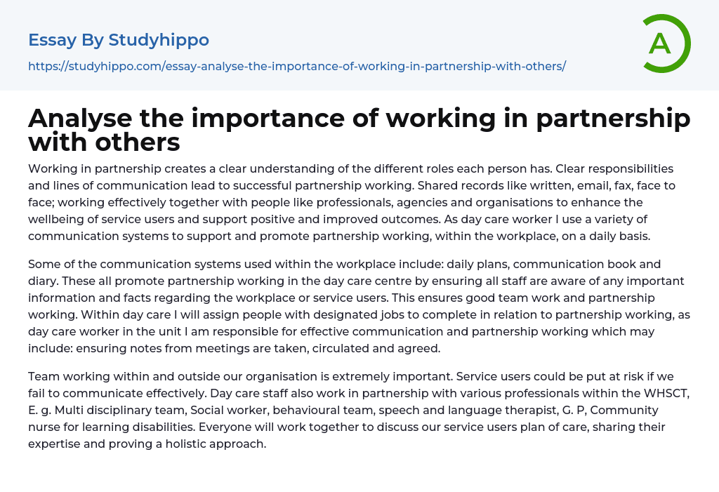 Analyse the importance of working in partnership with others Essay Example