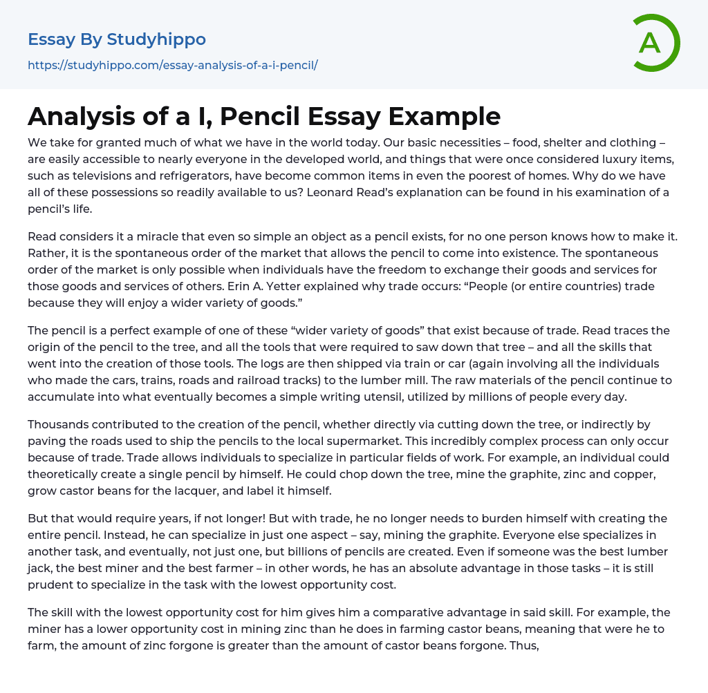 Analysis of a I, Pencil Essay Example