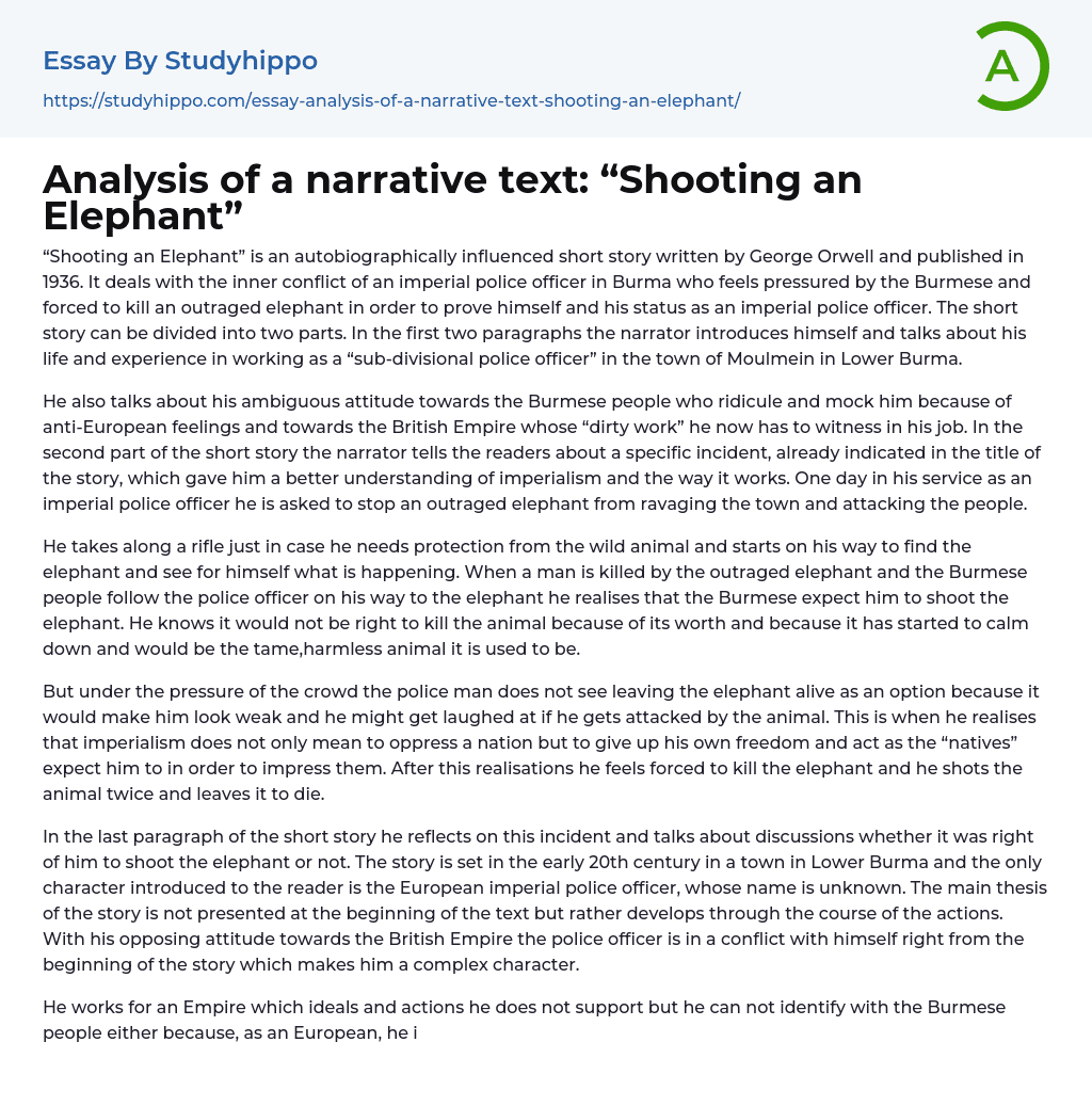 Analysis of a narrative text: “Shooting an Elephant” Essay Example