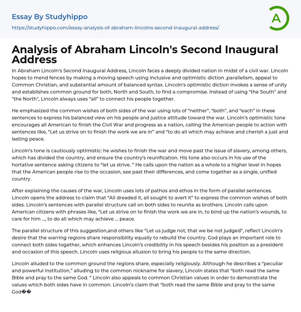 Analysis of Abraham Lincoln’s Second Inaugural Address Essay Example