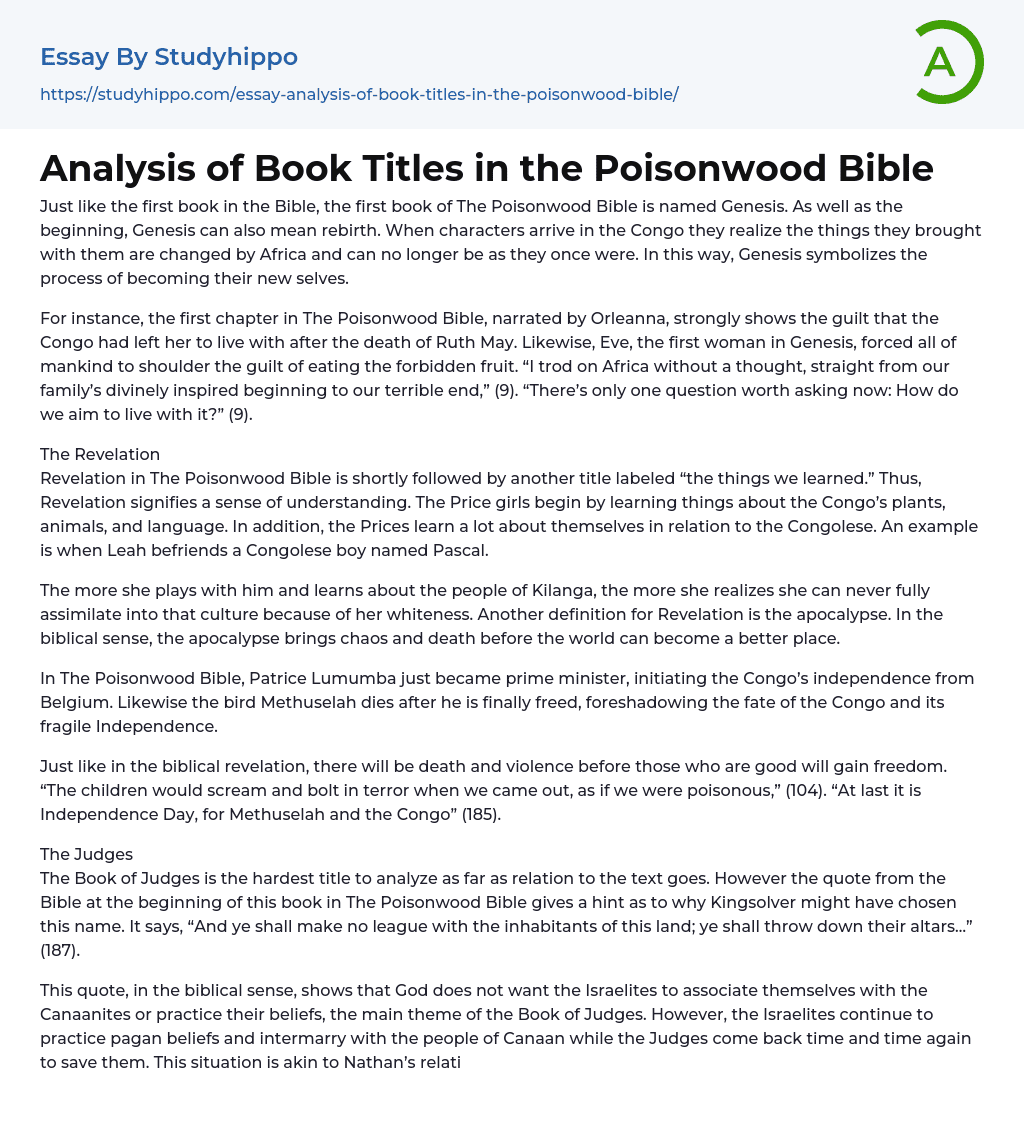 Analysis of Book Titles in the Poisonwood Bible Essay Example