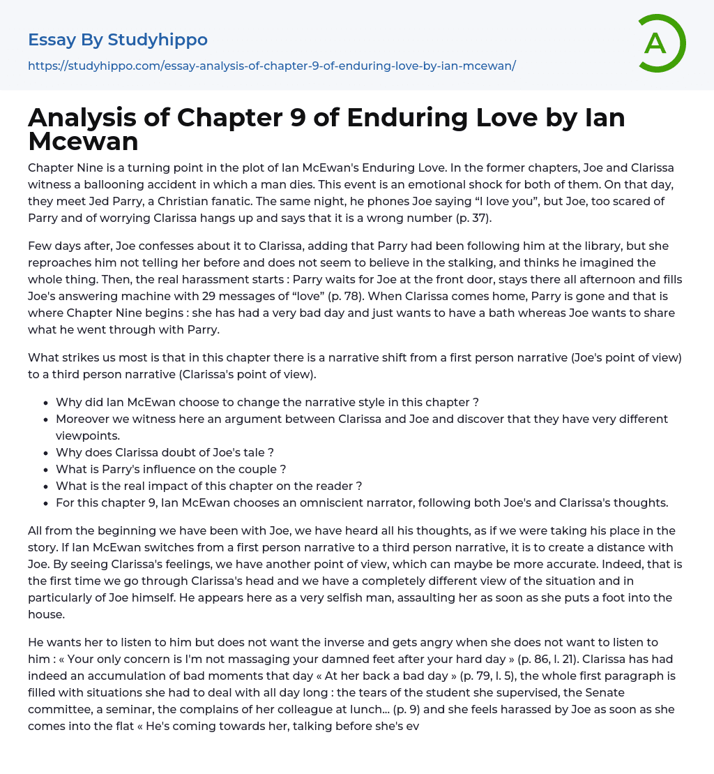 Analysis of Chapter 9 of Enduring Love by Ian Mcewan Essay Example