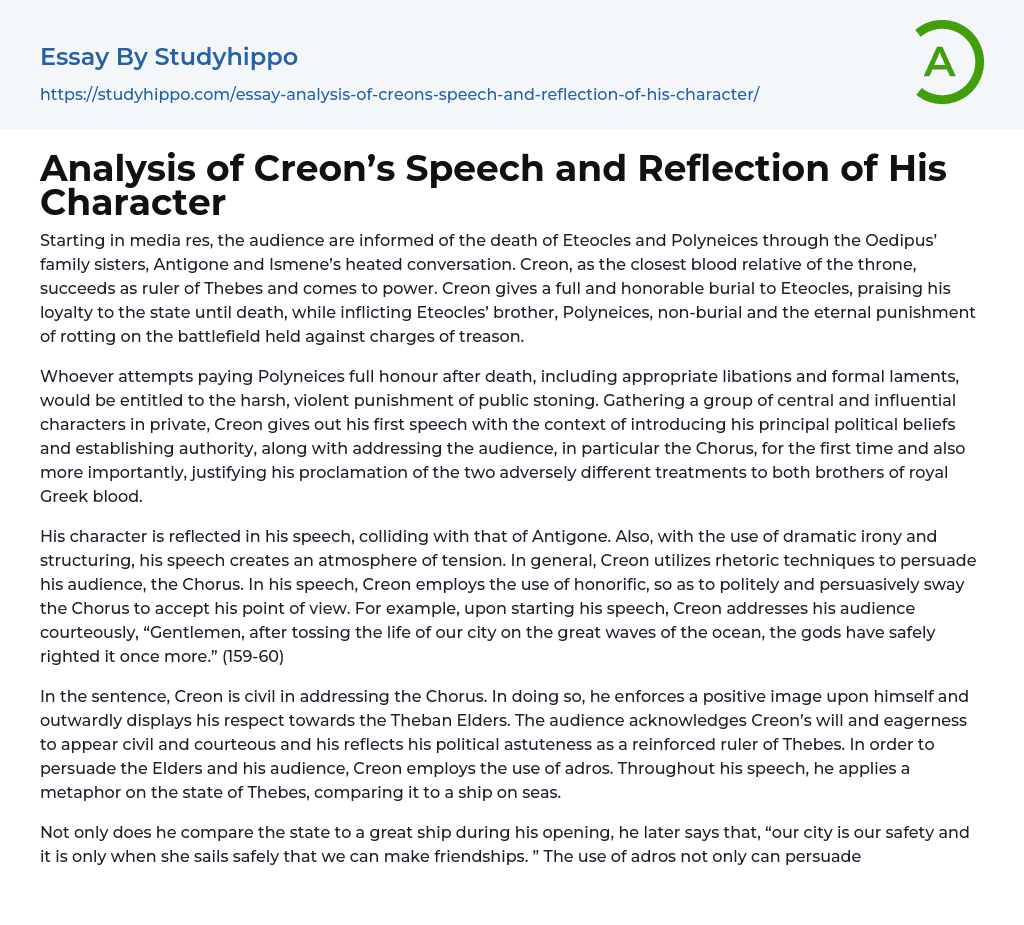 Analysis of Creon’s Speech and Reflection of His Character Essay Example