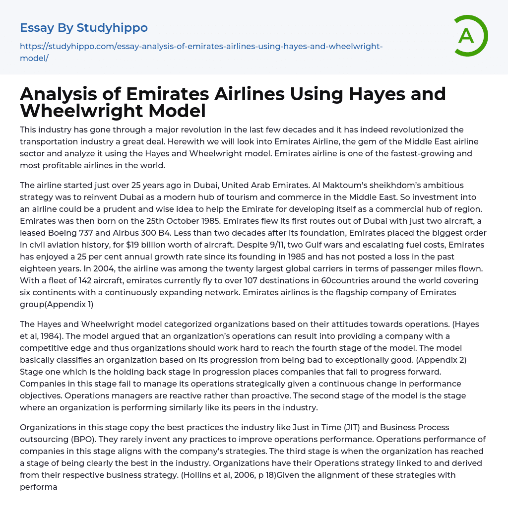 Analysis of Emirates Airlines Using Hayes and Wheelwright Model Essay Example