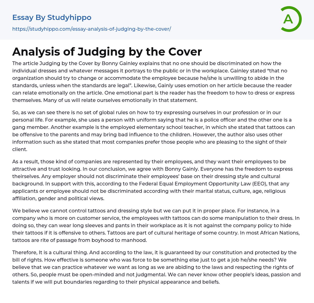 Analysis of Judging by the Cover Essay Example