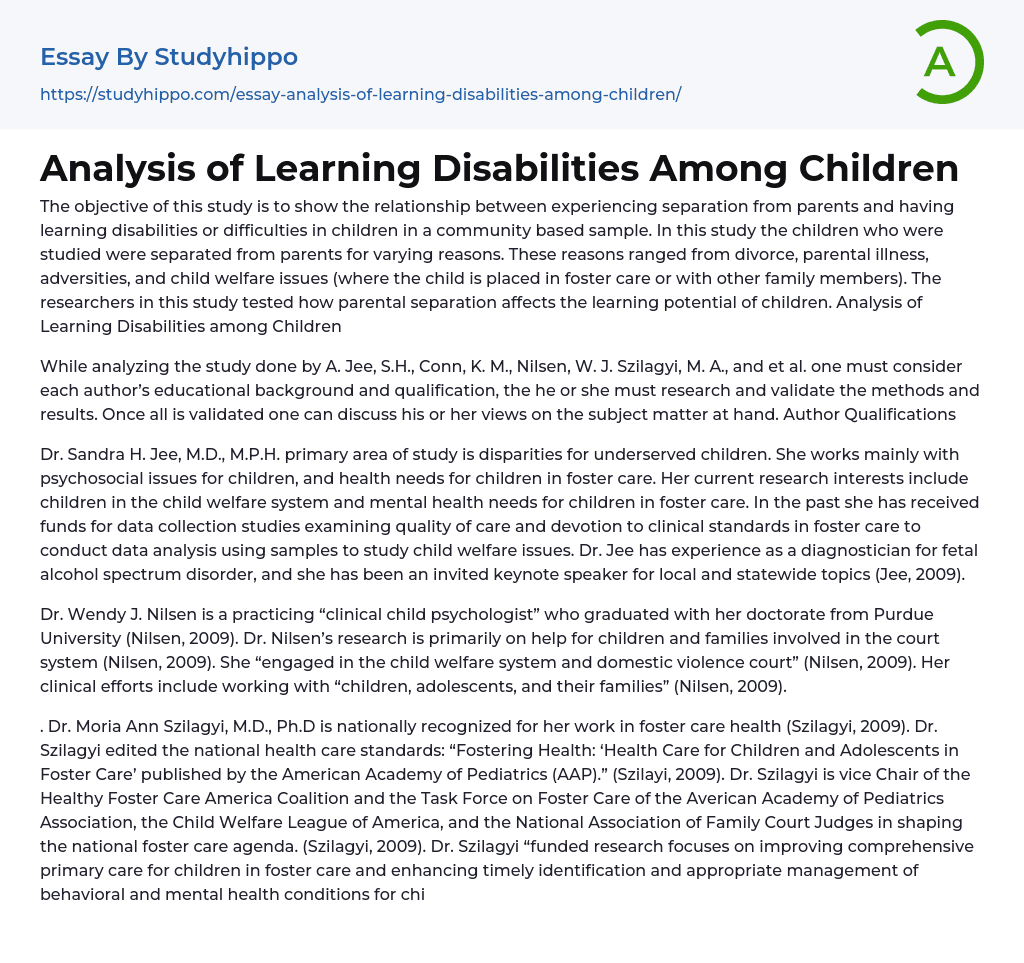 Analysis of Learning Disabilities Among Children Essay Example